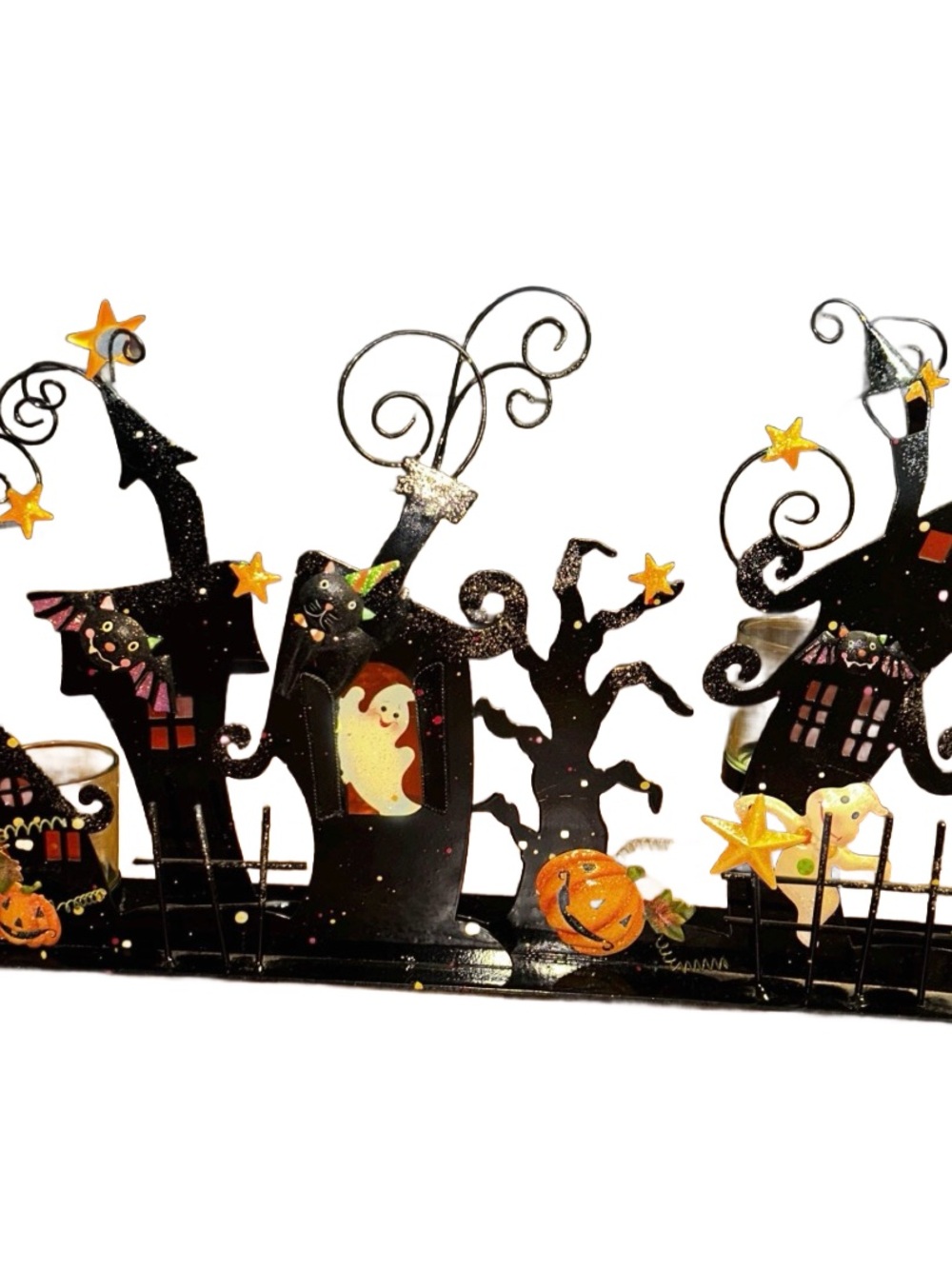 Home Interiors ~Black Metal Halloween Scene ~ Tea Light W/ Moveable Magnets ~New